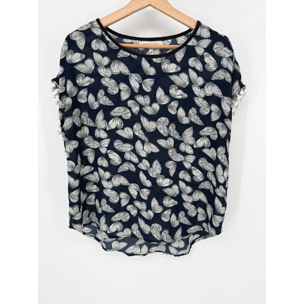 Your Story Butterfly Print Short Sleeve Top Pom Pom Trim Navy‎ Blue Women's S